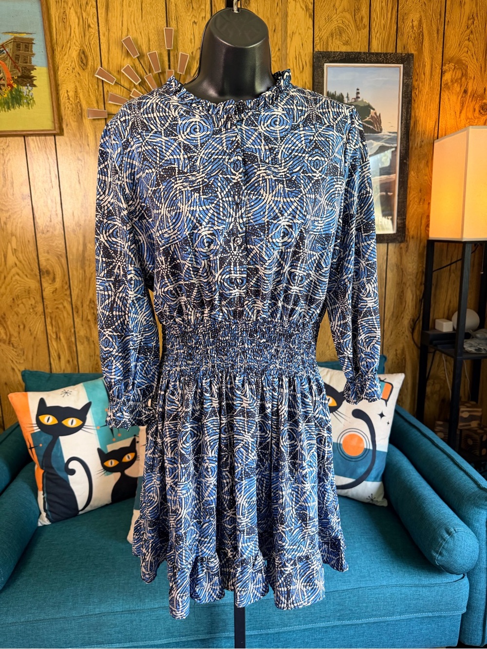 Abstract Patterned Button Front Long-Sleeve Smocked Waist Dress